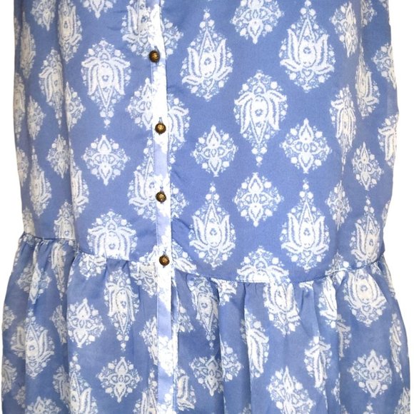 Lucky Brand Blue Ikat Maxi Dress Small Sleeveless Ruffle Bottom Buttons - Picture 4 of 12